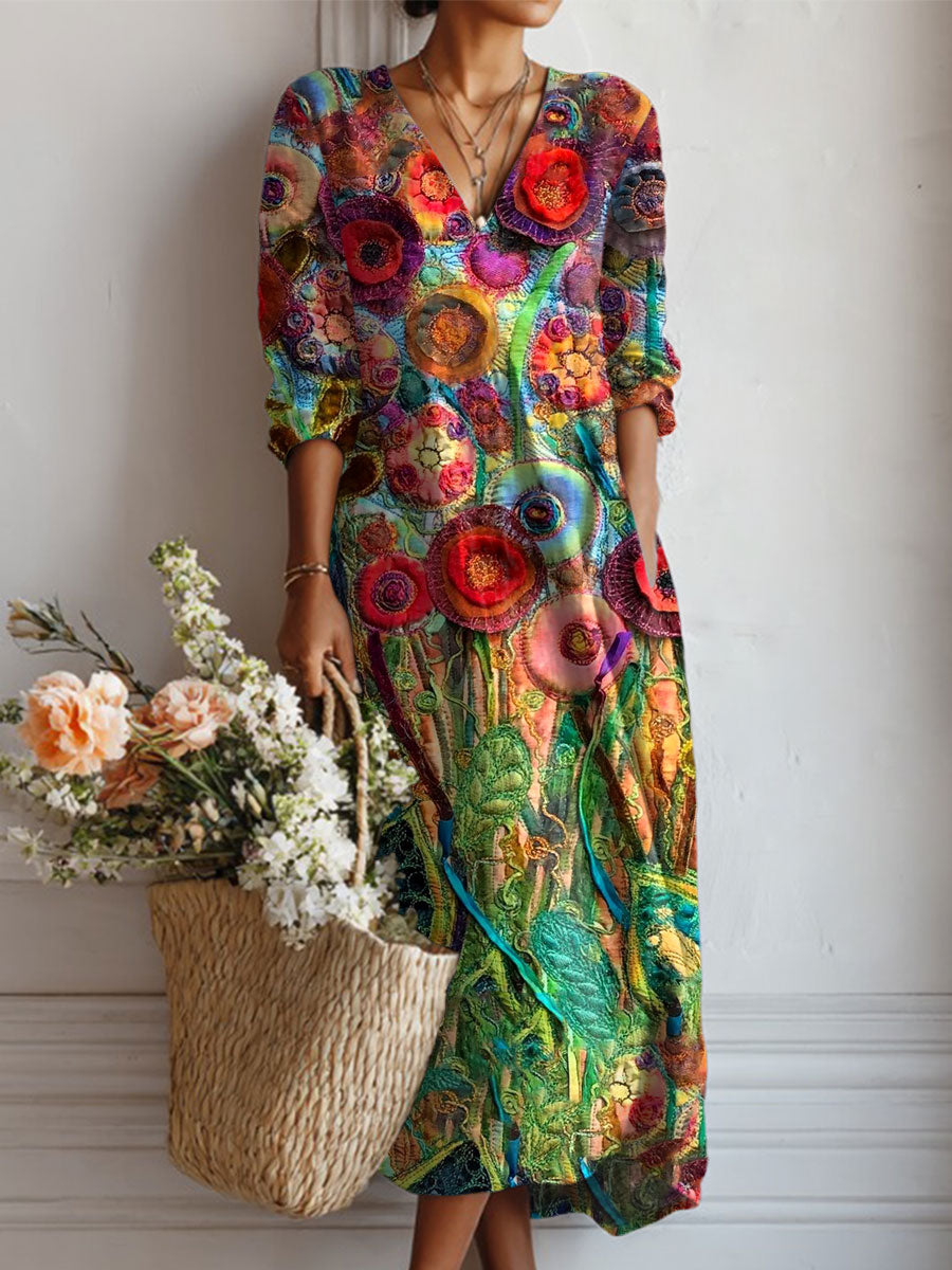Women's Vintage Flower Art Print Linen Pocket Dress