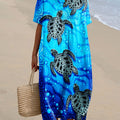 Women's Vintage Ocean Turtle Art Print Flowy Dress