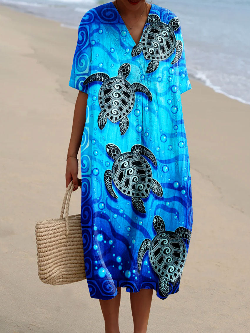 Women's Vintage Ocean Turtle Art Print Flowy Dress