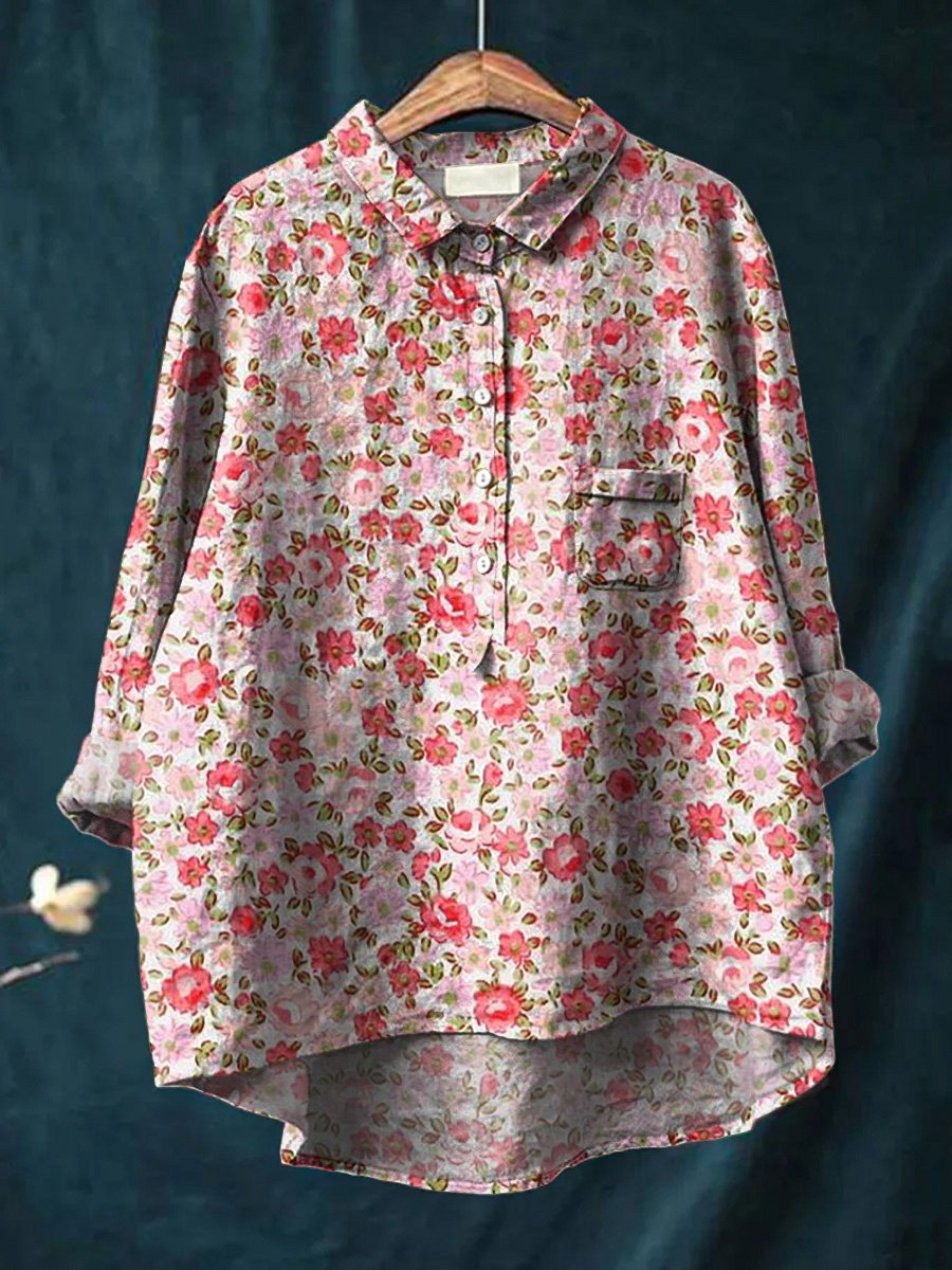 Retro Small Floral Pattern Printed Women's Casual Cotton And Linen Shirt