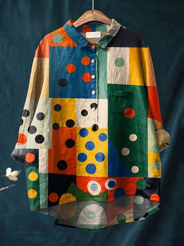 Women's Color-blocked Geometric Polka Dots Print Casual Cotton And Linen Shirt
