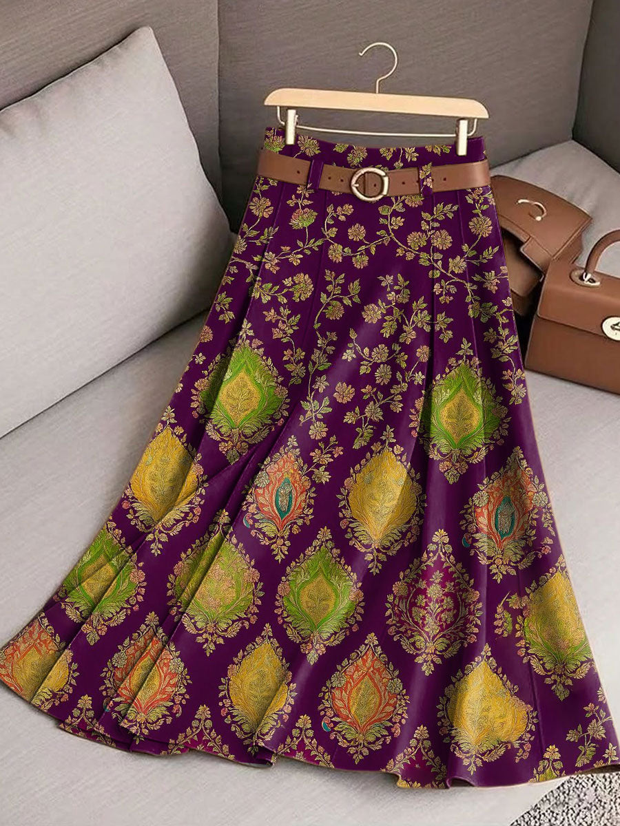 Women's Vintage Flower Art Print Casual Cotton Skirt