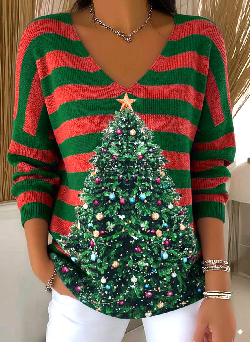 Women's Contrasting Striped Christmas Tree Sweater Top