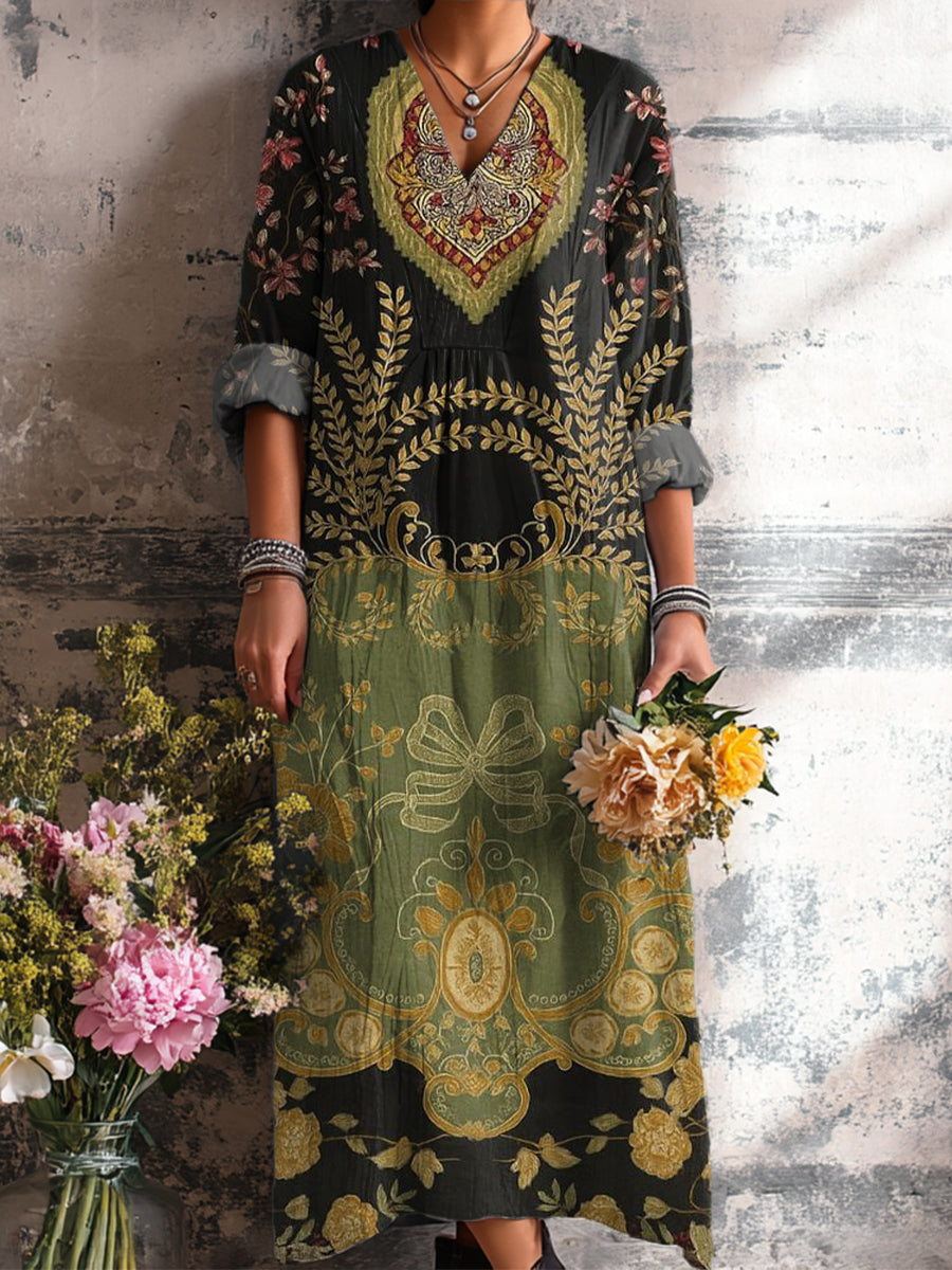 Women's Ethnic Geometric Floral Painting Art Print Dress