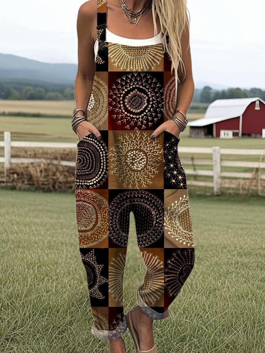Women's  Vintage Abstract Geometric Art Print Casual 100% Cotton Wide Leg Jumpsuit