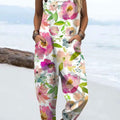 Women's Vintage Floral Art  Print Casual 100% Cotton Wide Leg Jumpsuit