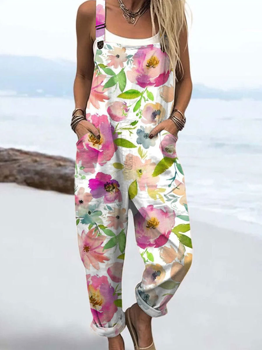 Women's Vintage Floral Art  Print Casual 100% Cotton Wide Leg Jumpsuit