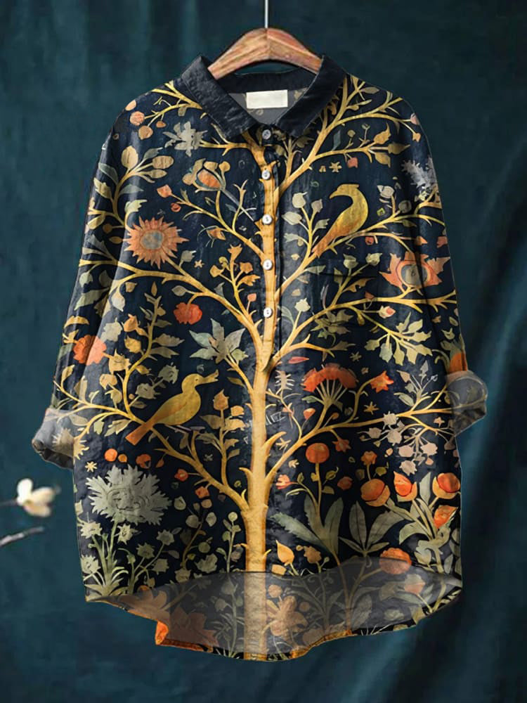 Women's Indian Art Tree Bird Floral Vintage Art Print Casual Cotton And Linen Shirt