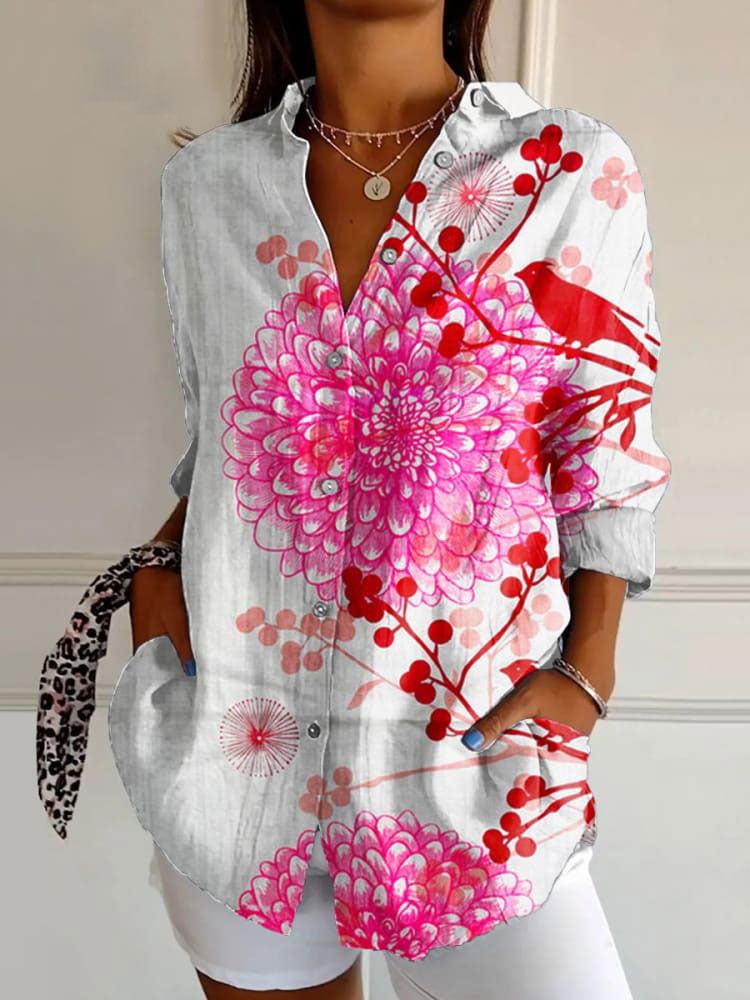 Women's  Bird  Art Print Casual Cotton Shirt