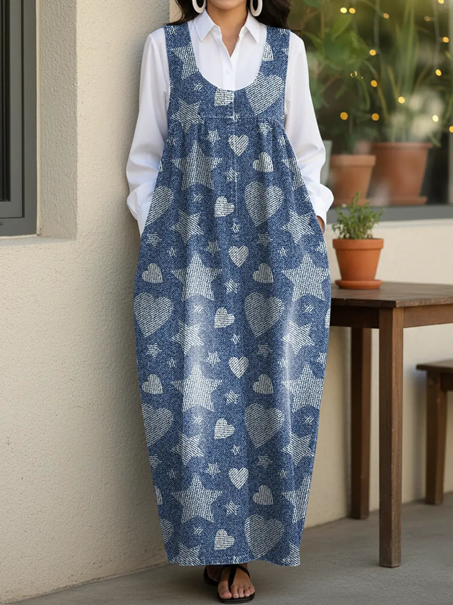 Women's Cute Star Hearts Casual Loose Denim Vest Dress