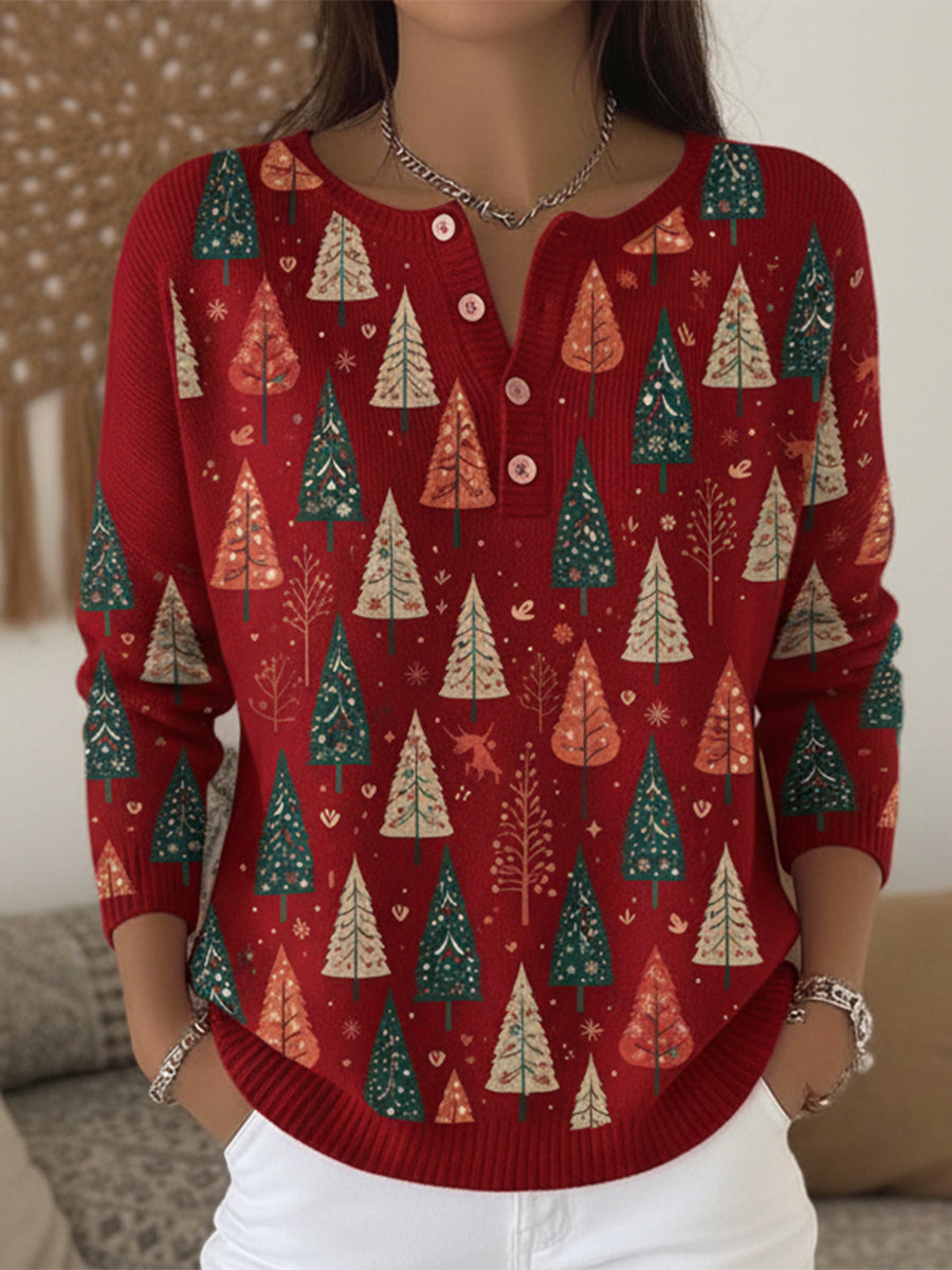 Women's Artistic Cedar Print Henley Neck Sweater Top