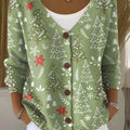 Women's Christmas Tree Art Print Buttoned V-neck Cardigan Sweater