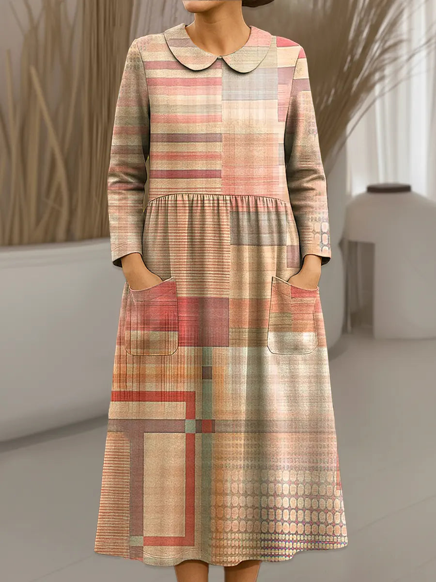 Women's Vintage Abstract Geometry Pattern Art Print Cotton Lapel Shirt Dress