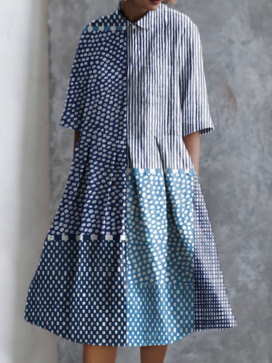 Women's Retro Polka Dot Art Print Pocket Cotton Dress