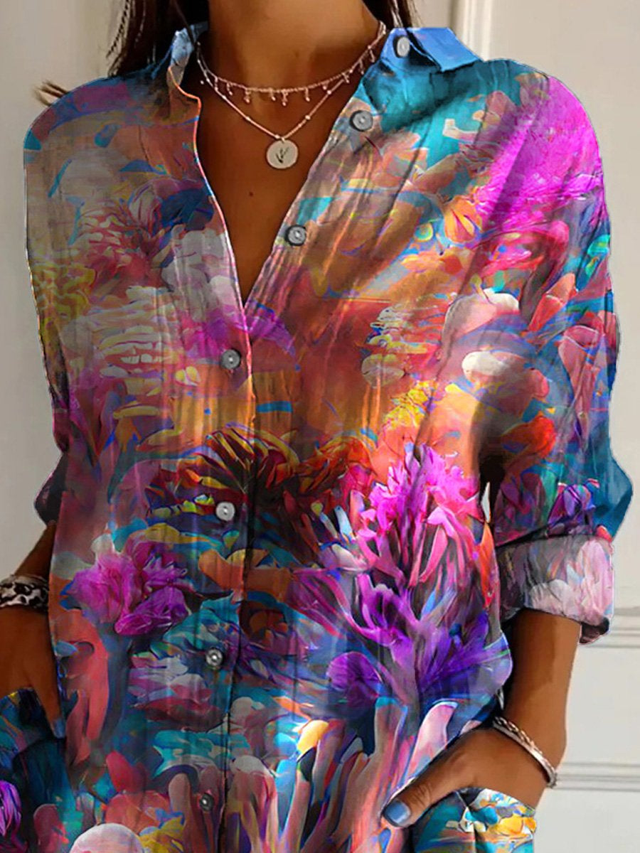 Summer Coral Reef Art Printed Women's Casual Cotton Shirt