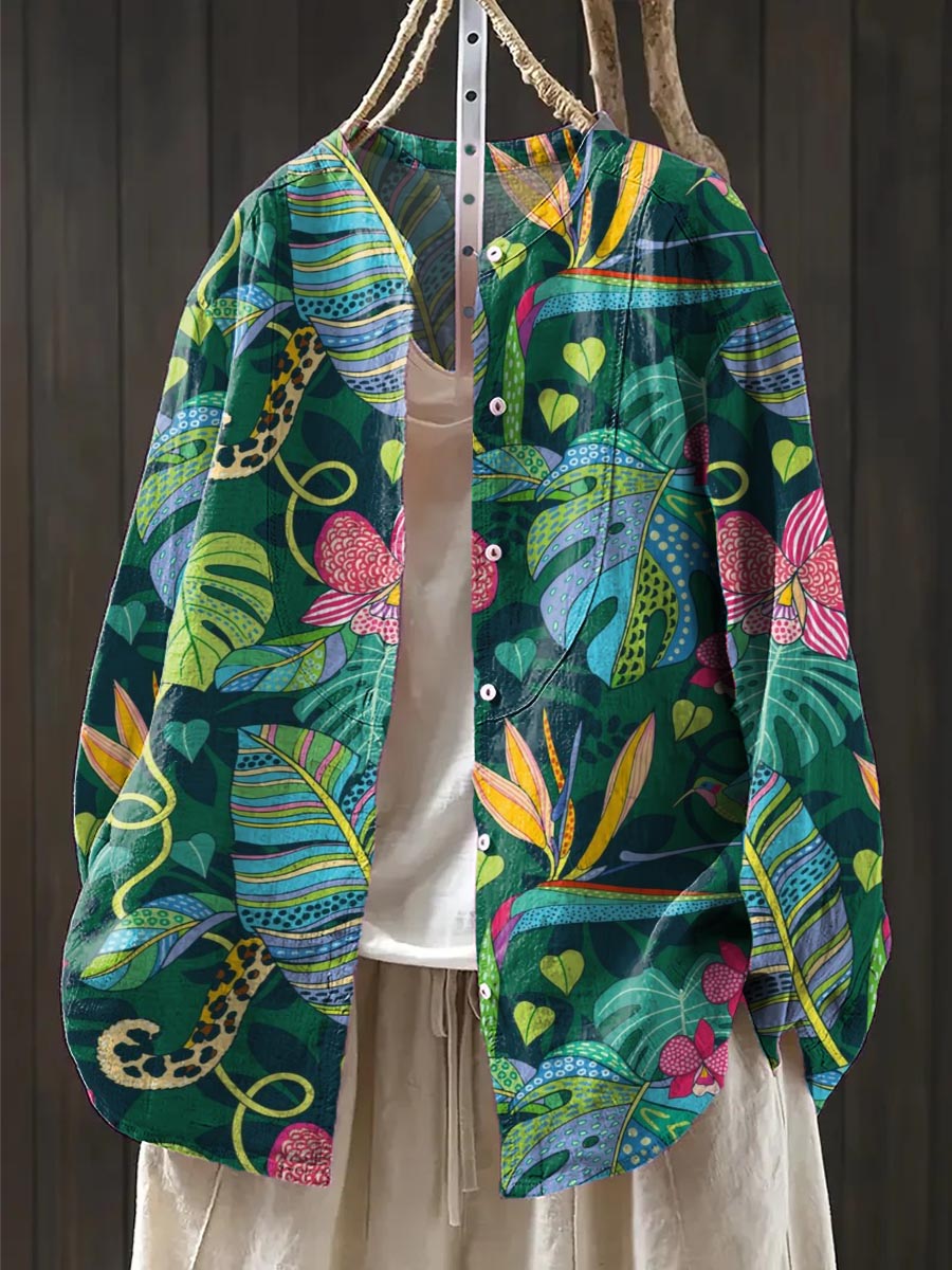 Women's Tropical Rainforest Style Print Casual Cotton And Linen Shirt
