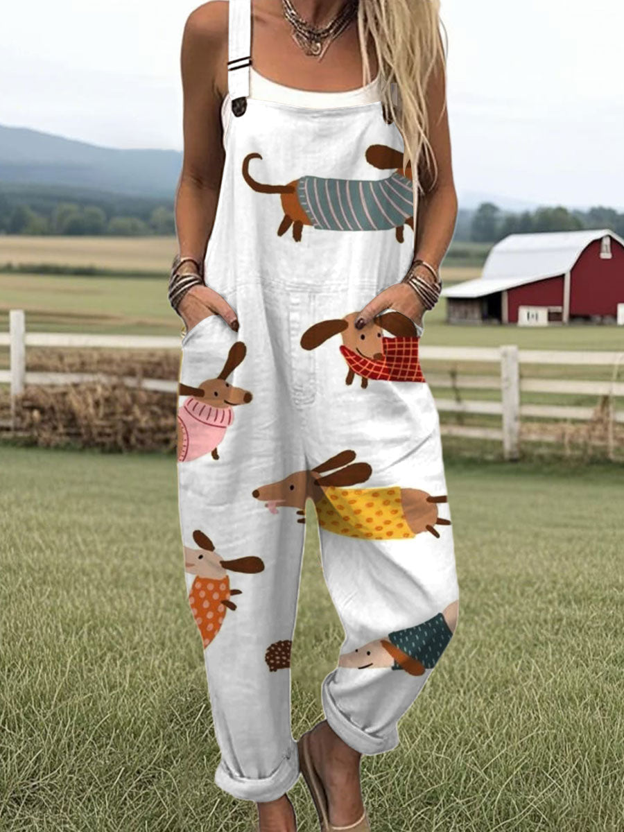 Women's Farm Funny Dog Art  Print Casual 100% Cotton Wide Leg Jumpsuit