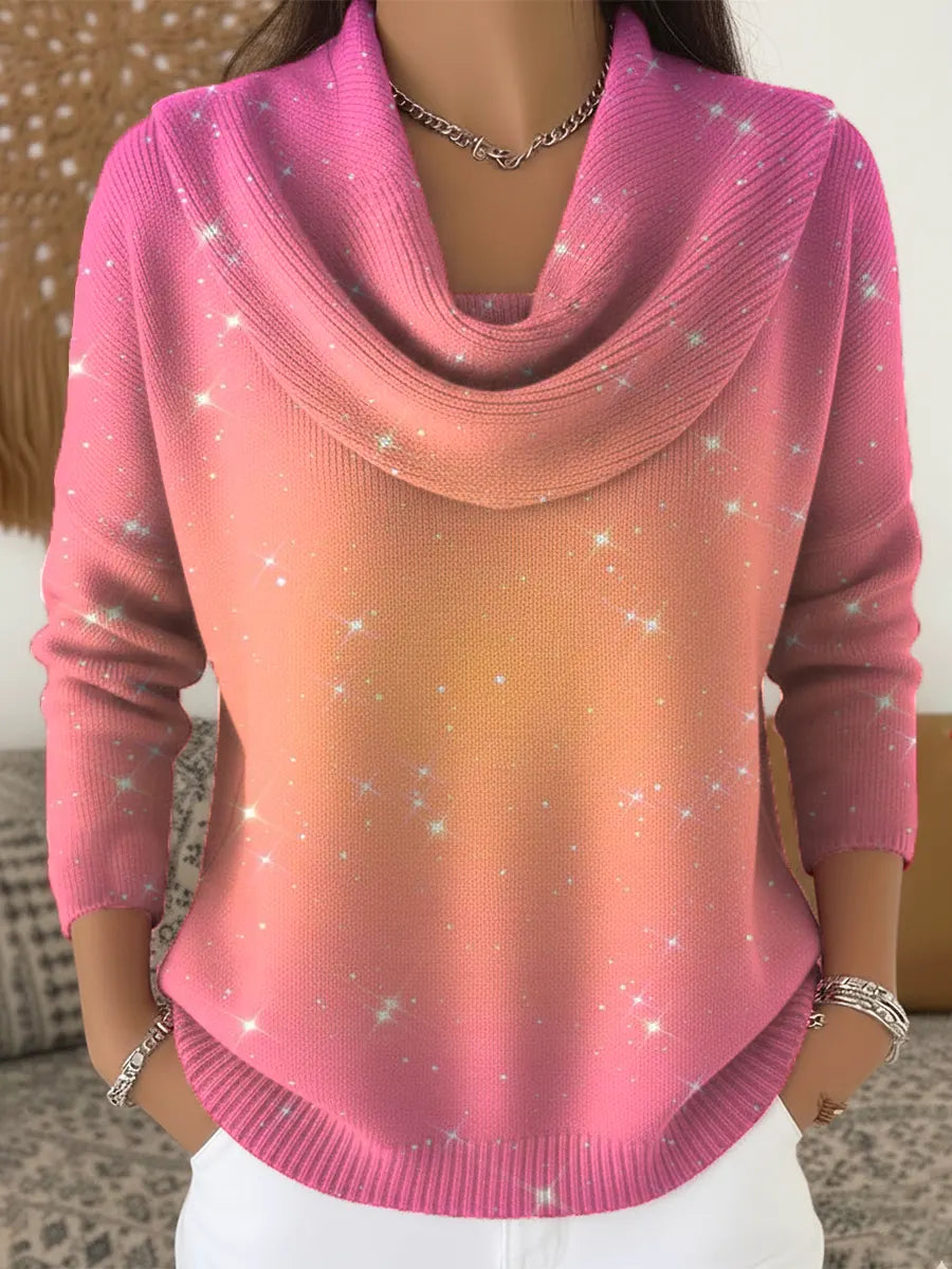 Women's Gradient Color Art Print Cowl Neck Sweater
