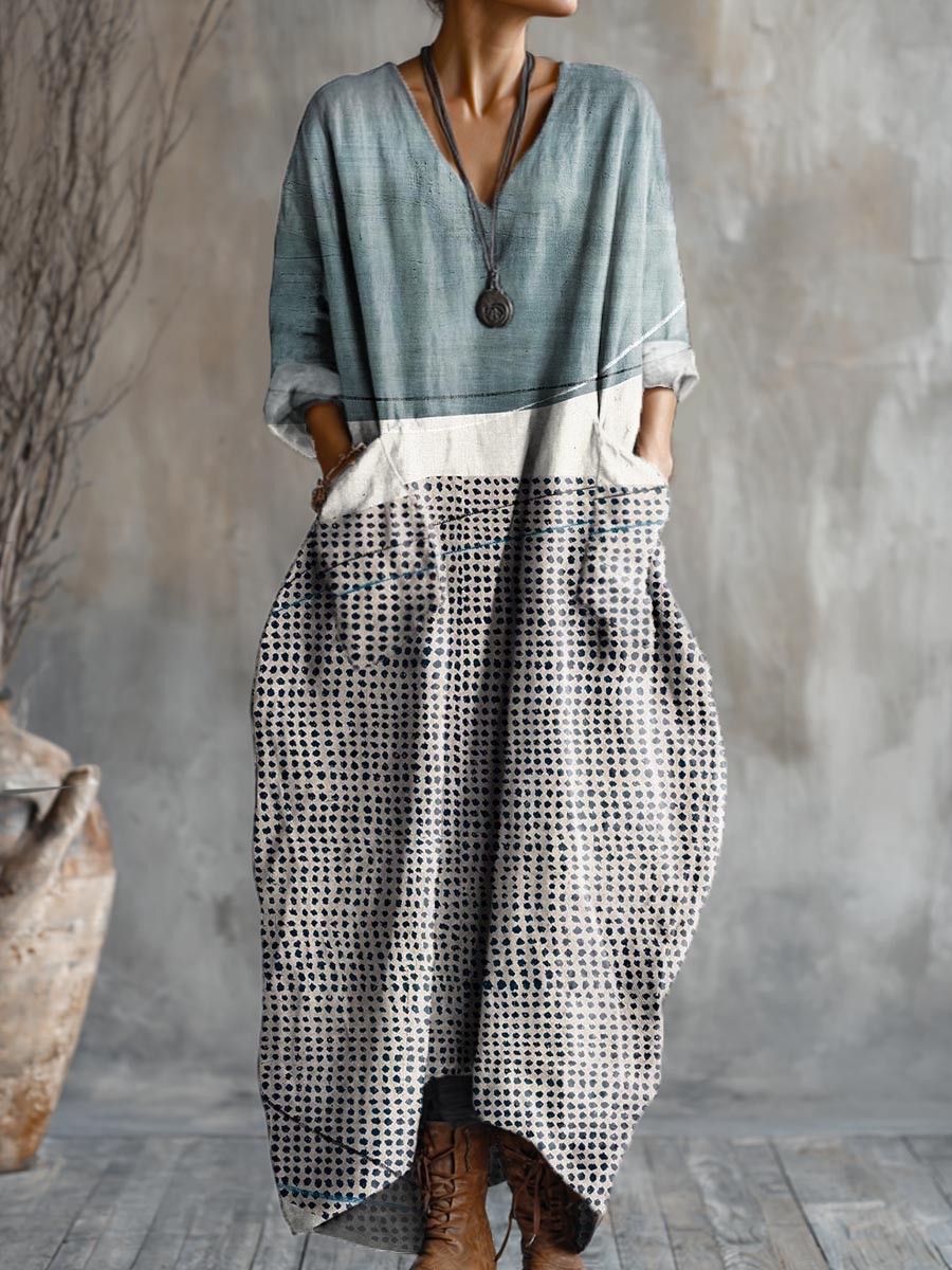 Women's Abstract Geometric Pattern Art Print Pocket V-neck Cotton Dress