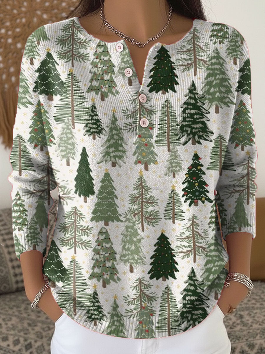 Women's Christmas Tree Art Print Buttoned Cardigan Sweater