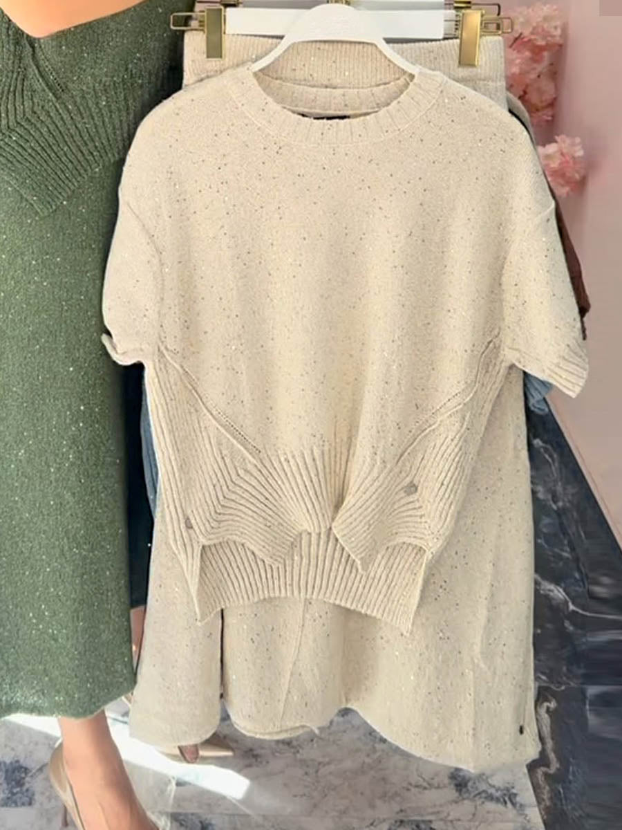 Women's Solid Color Round Neck Short Sleeve Casual Loose Sweater Elastic Waist Fishtail Skirt Set