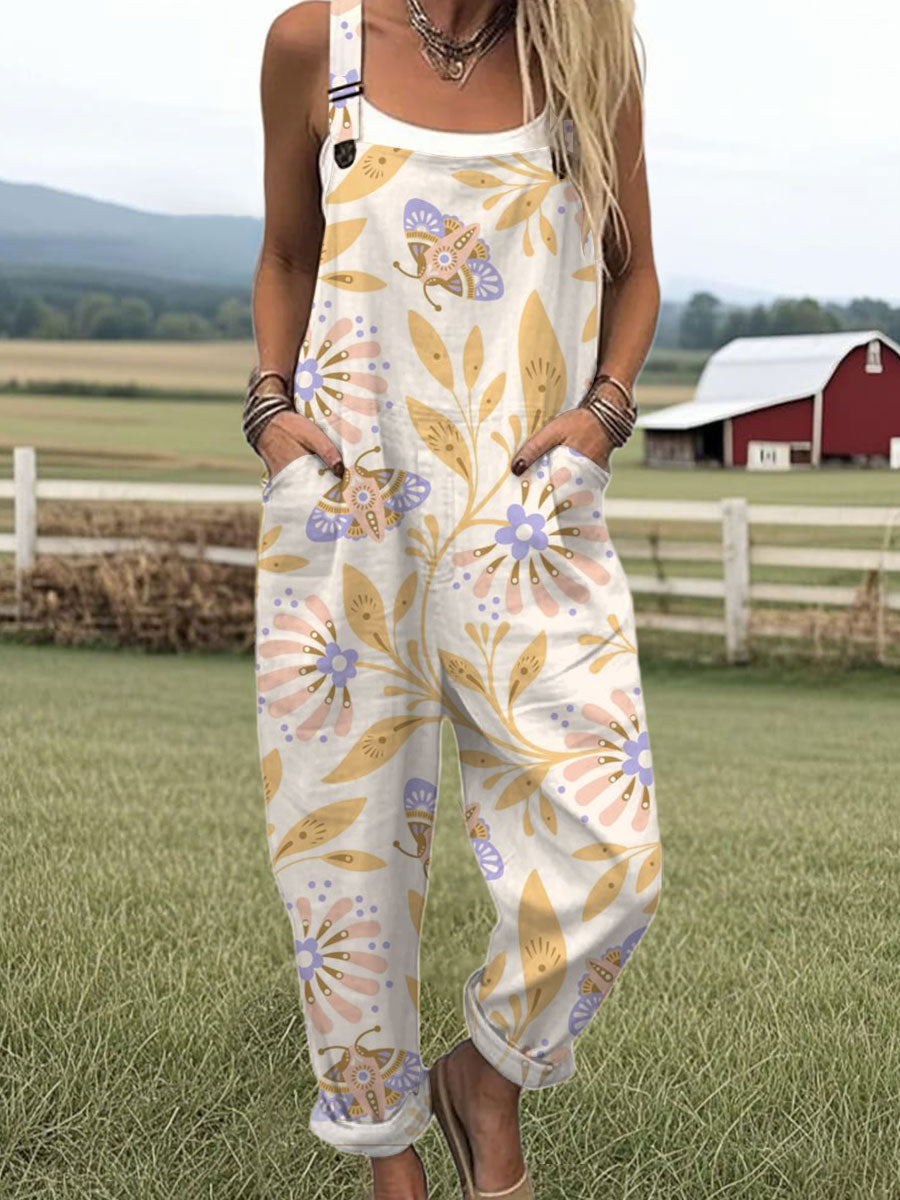 Women's Funny Butterfly Art Print Casual 100% Cotton Wide Leg Jumpsuit