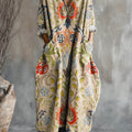 Vintage-Kleid aus Baumwolle mit Blumenmuster, Kunstdruck, Tasche und V-Ausschnitt 
