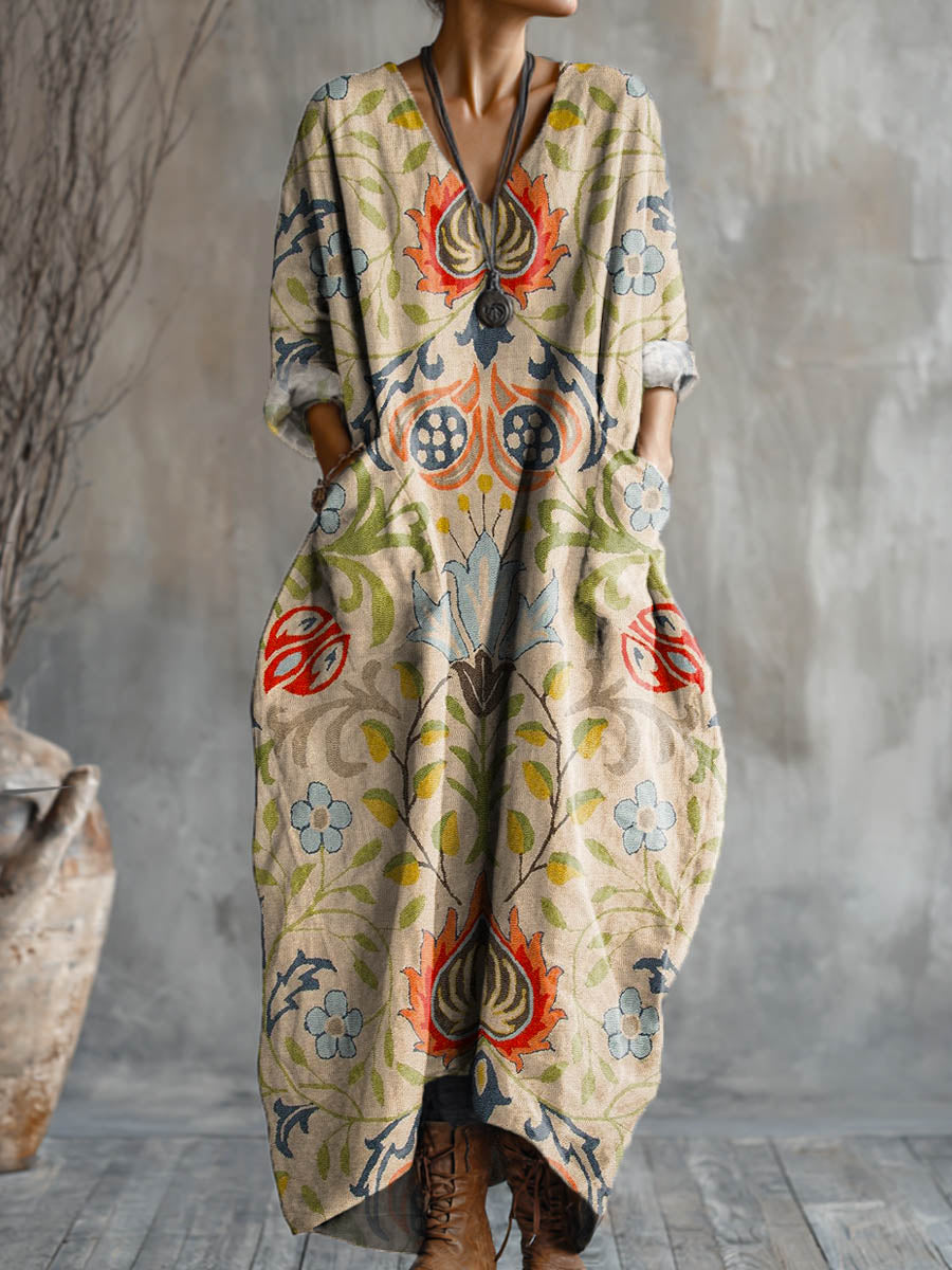 Women's Vintage Floral Pattern Art Print Pocket V-neck Cotton Dress