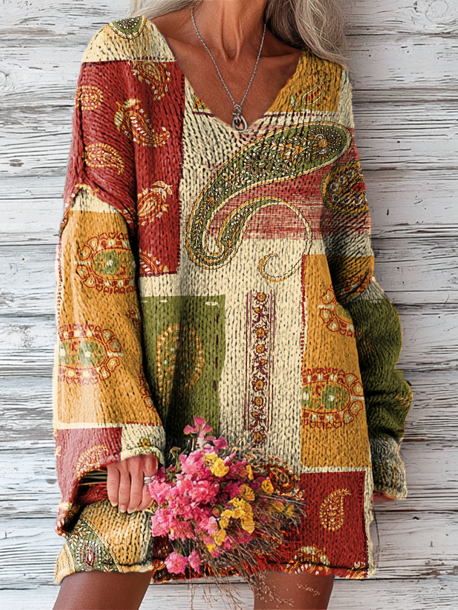 womens-vintage-paisley-colorful-check-art-print-casual-pullover-sweater