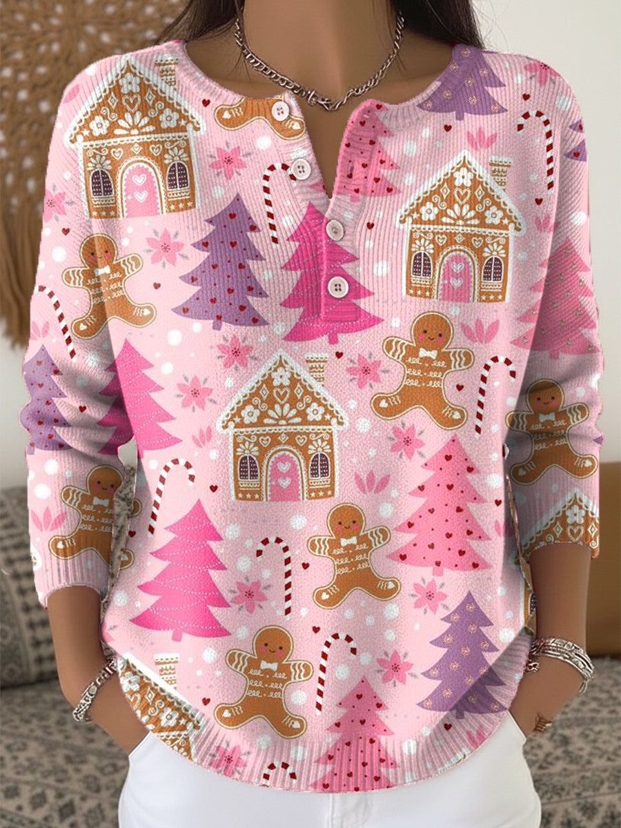 Beautiful Winter Christmas Tree House Painting Art Print Buttoned Cardigan Sweater