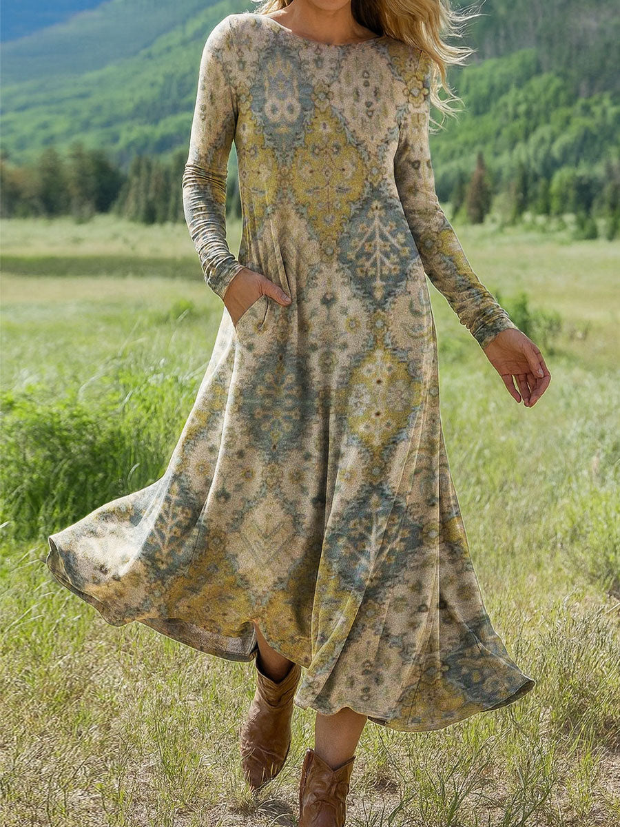 Women's Retro Flower Pattern Art Print Long-sleeved Dress