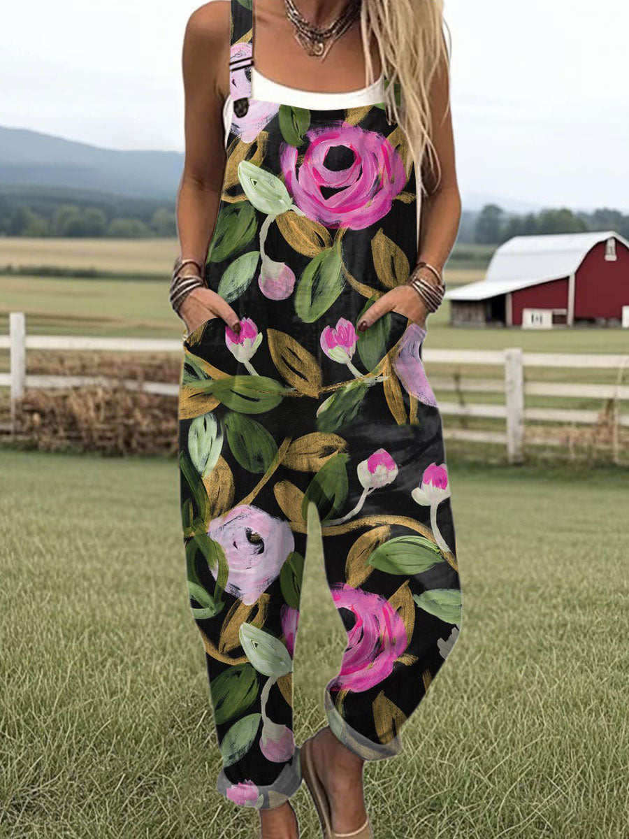 Women's  Vintage Flower Art Print Casual 100% Cotton Wide Leg Jumpsuit