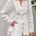 Women's Solid-color Shirt-collar Long-sleeve Casual Loose Cotton-linen Cardigan