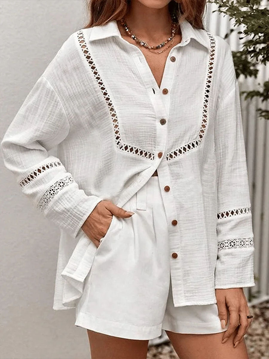 Women's Solid-color Shirt-collar Long-sleeve Casual Loose Cotton-linen Cardigan