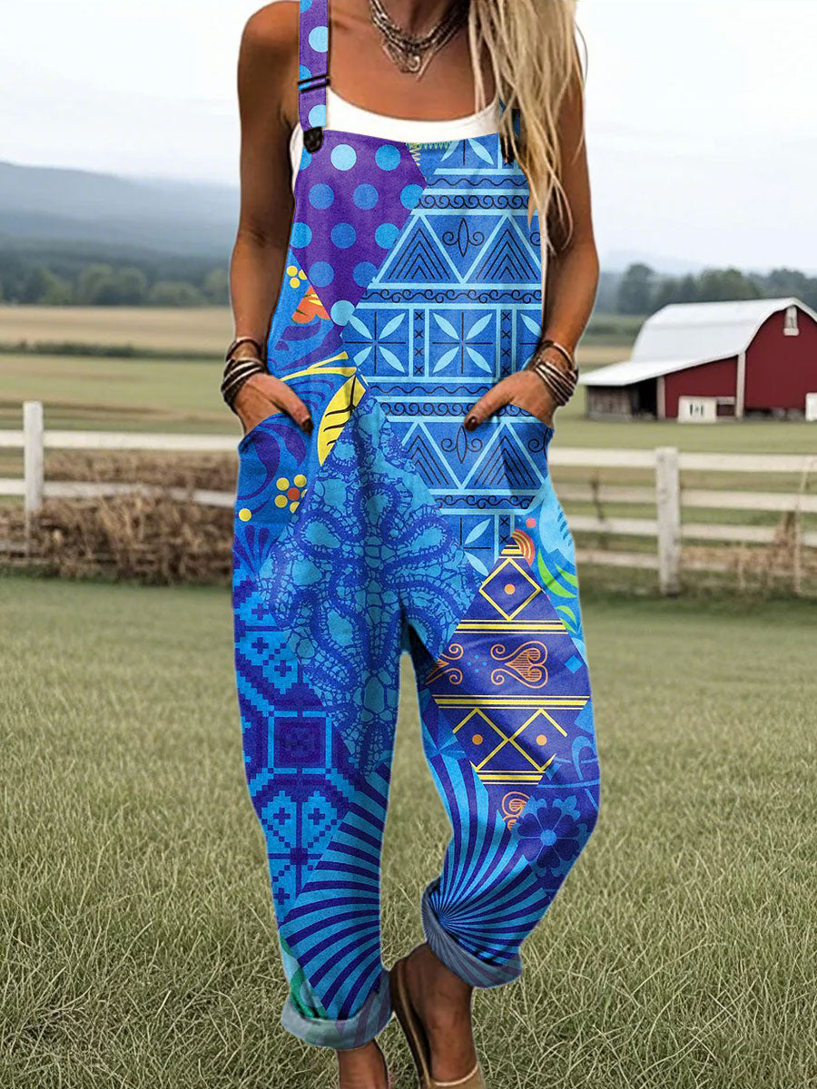 Women's Vintage Color Block Geometric Art Print Casual 100% Cotton Wide Leg Jumpsuit