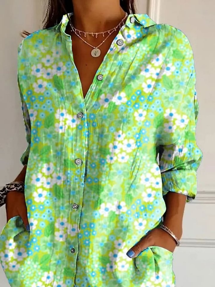 Women's Fresh Flower Art Print Casual Cotton Shirt