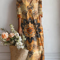 Women's Vintage Floral Art Print Cotton And Linen Pocket Dress
