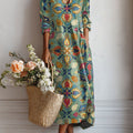 Women's Vintage Flower Art Print Linen Pocket Tunic Dress