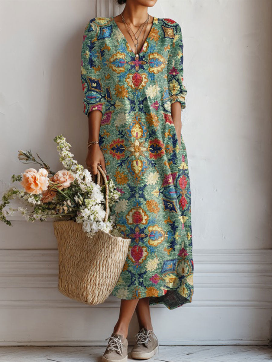 Women's Vintage Flower Art Print Linen Pocket Tunic Dress