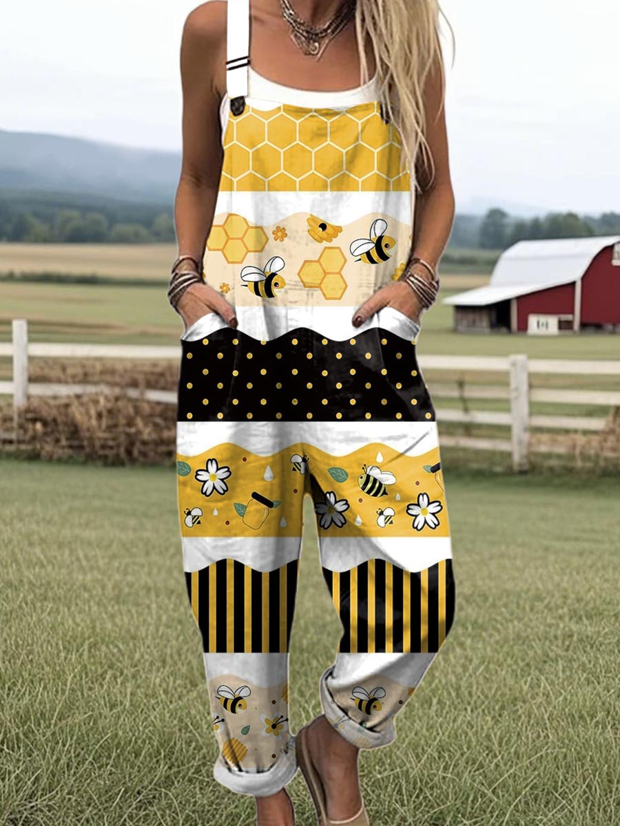 Women's Lovely Bees Pattern Art Print Casual 100% Cotton Wide Leg Jumpsuit