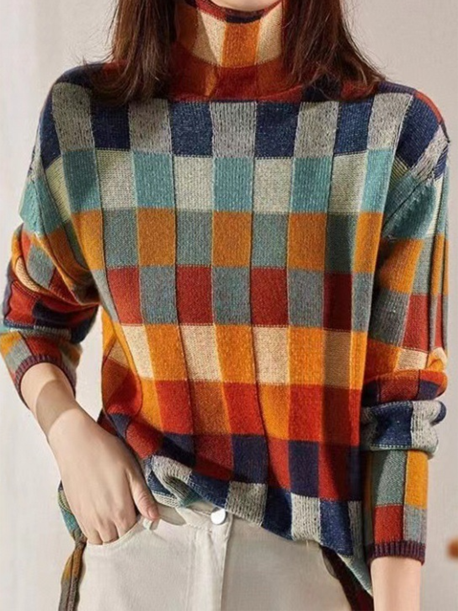 Women's Colorful Checkerboard Wool Knit Top