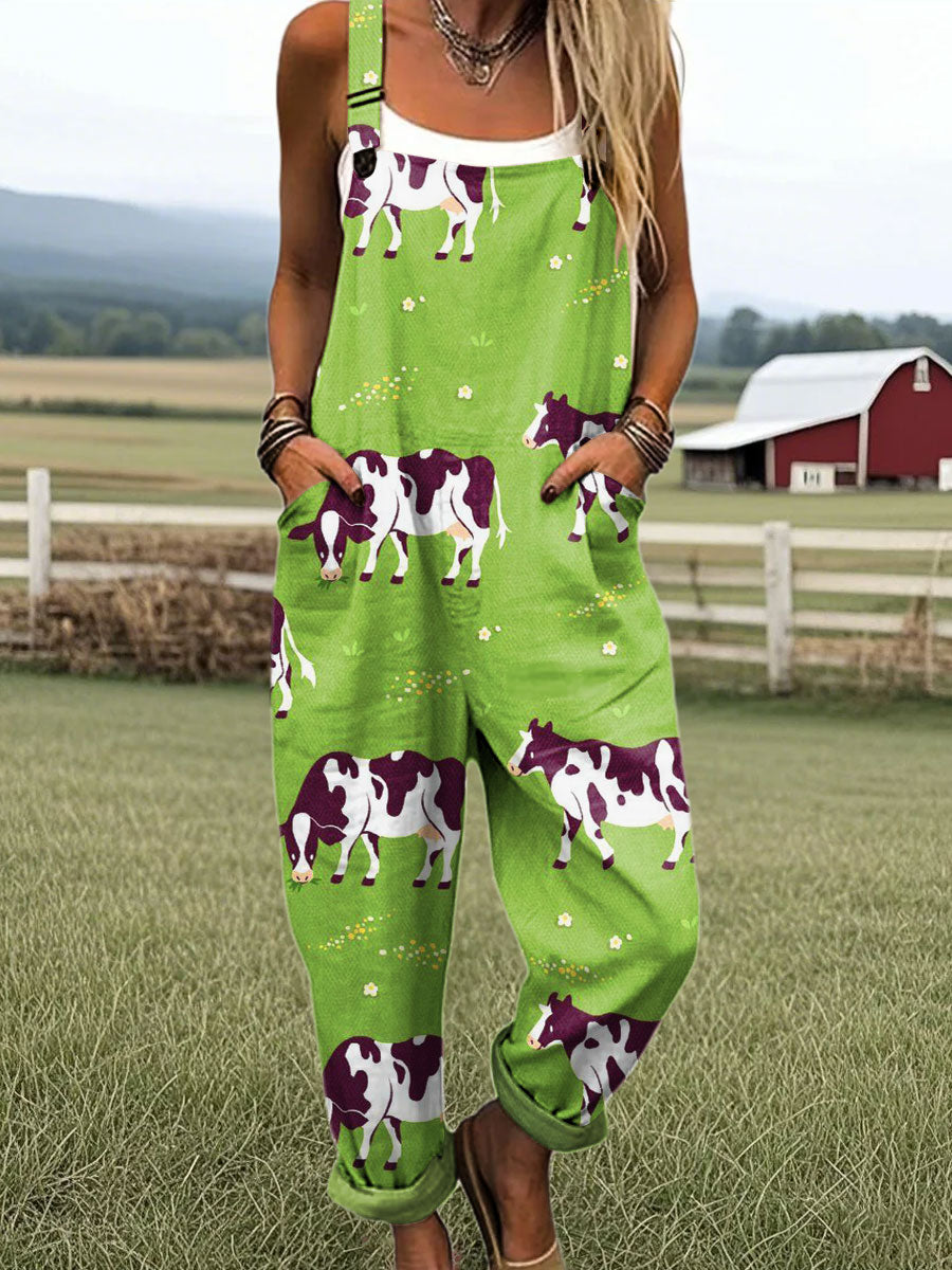 Women's Abstract Cow Art Print Casual 100% Cotton Wide Leg Jumpsuit