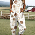 Women's Vintage Smiley Face Art Print Casual 100% Cotton Wide Leg Jumpsuit