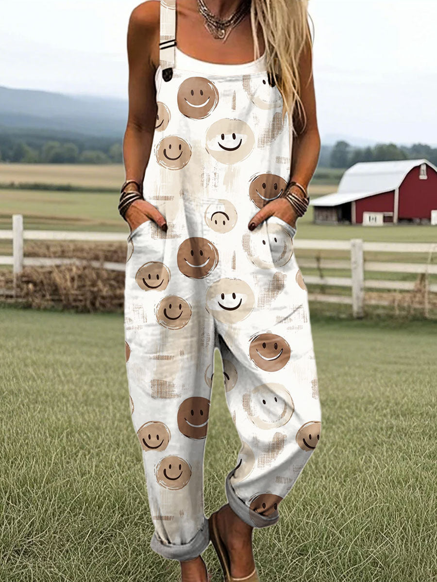Women's Vintage Smiley Face Art Print Casual 100% Cotton Wide Leg Jumpsuit