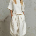 Women's Solid-color Stand-collar 1/2-sleeve Loose-fit Top & High-waisted Loose Wide-leg Pants Cotton-linen Set