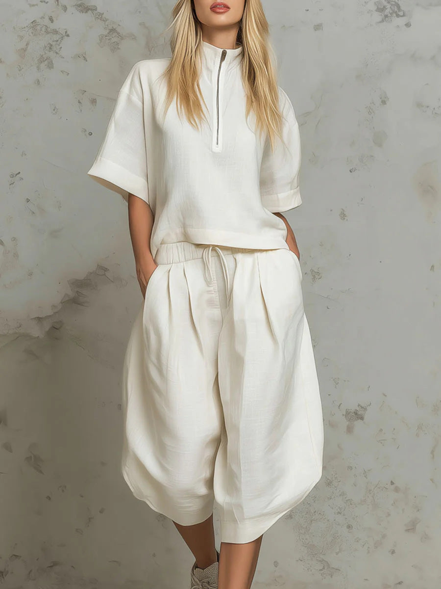 Women's Solid-color Stand-collar 1/2-sleeve Loose-fit Top & High-waisted Loose Wide-leg Pants Cotton-linen Set