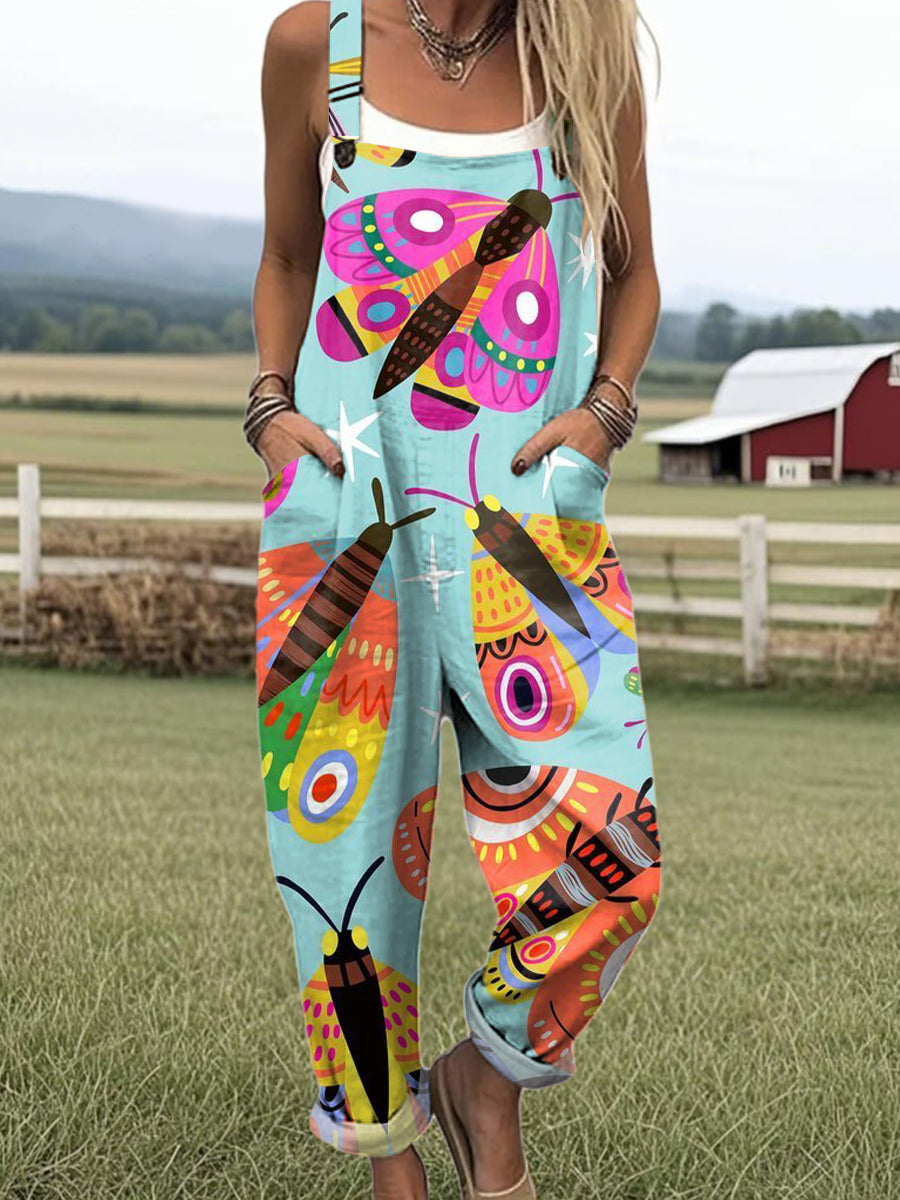 Women's Beautiful Colorful Butterfly Painting Art Print Casual 100% Cotton Wide Leg Jumpsuit