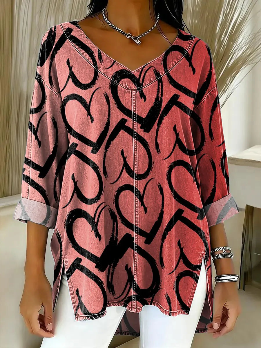 Women's Love Pattern Art Print Casual Denim Shirt