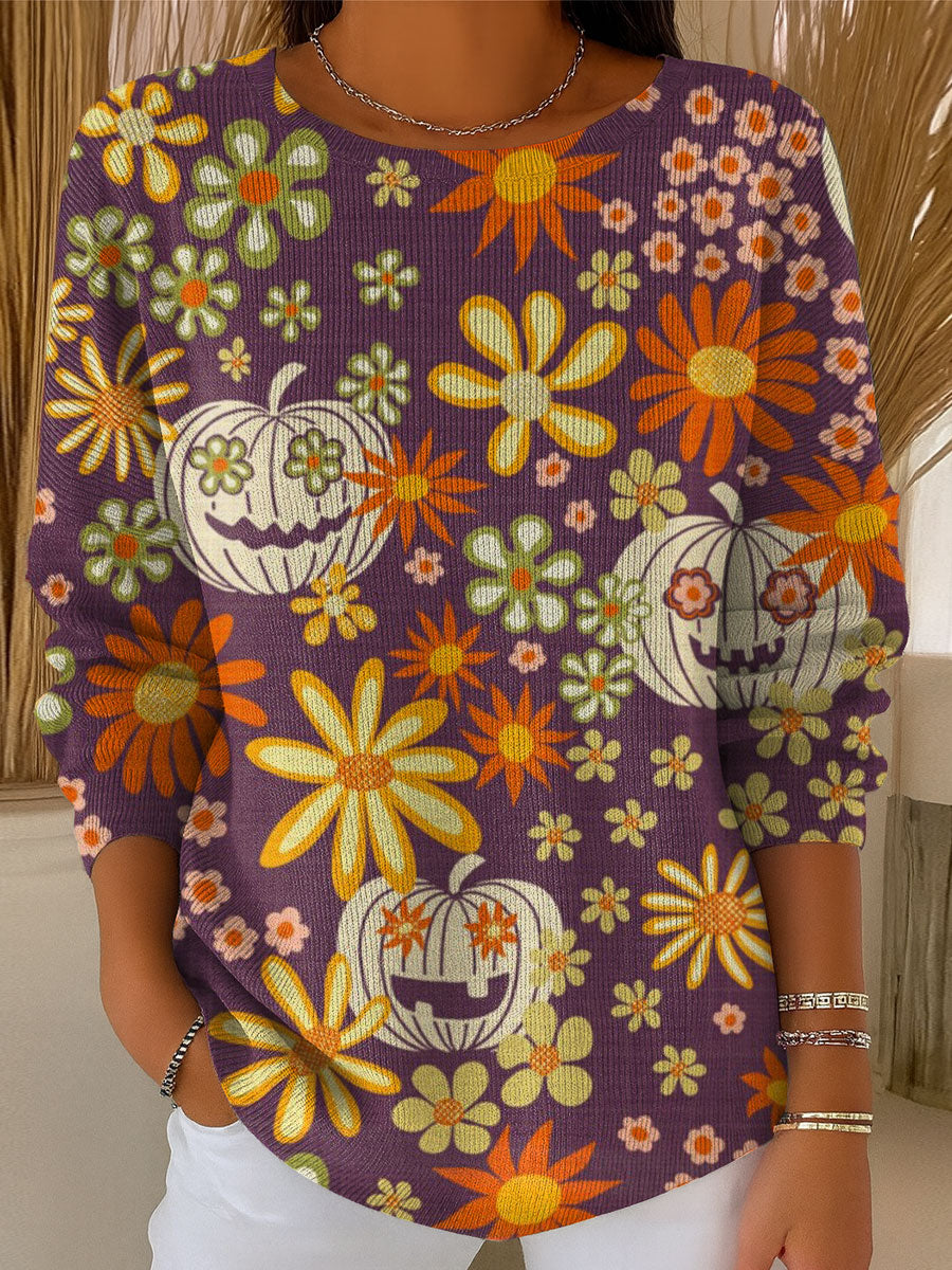 Women's Vintage Halloween Sugar Skulls Art Print Casual Pullover Sweater