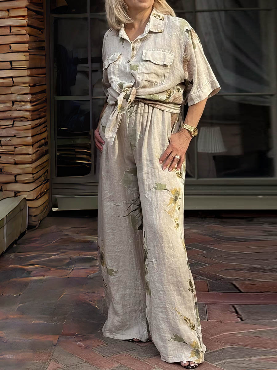 Women's Retro Positioning Print Lapel Short Sleeve Casual Cotton and Linen Shirt Elastic Waist Casual Cotton and Linen Wide Leg Pants Set